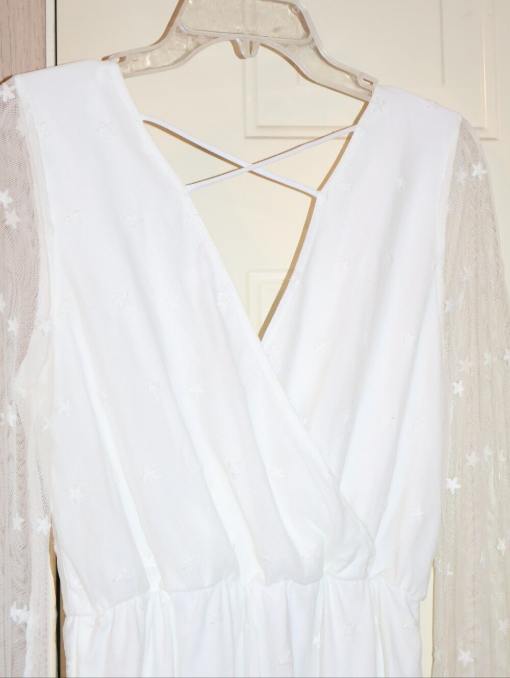 Gianni Bini White Lace Star Embroidered Long Bell-Sleeve Romper. - Picture 12 of 15